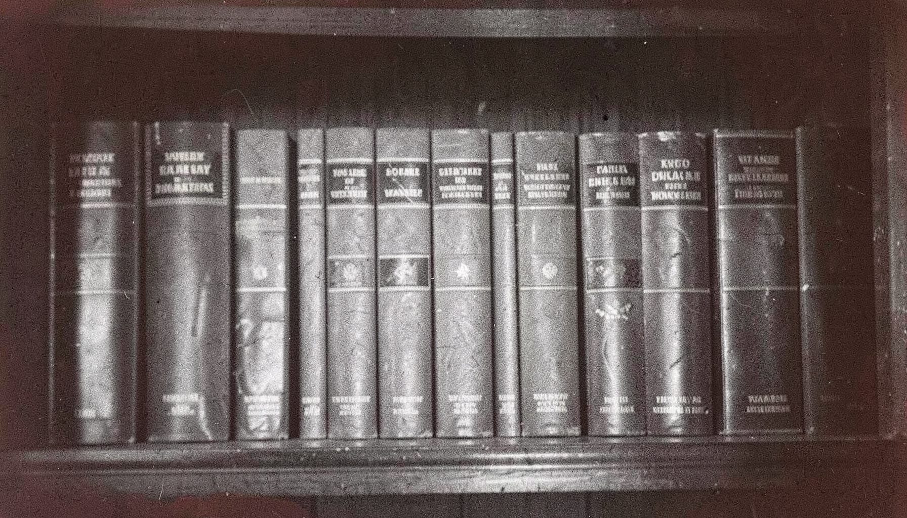 Grainy black and white photograph of law books and bound case volumes on a dark wooden shelf, scholarly and serious mood