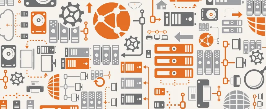 Flat graphic illustration of network and server icons in orange, gray, and cream, depicting technology and data infrastructure